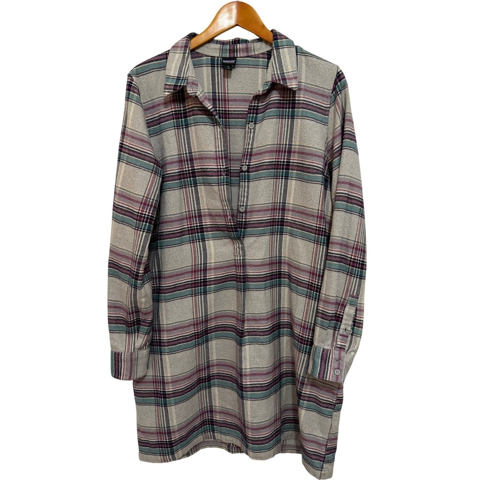 Patagonia Women Plaid Flannel Dress M Grey Organic Cotton Gorpcore Tunic Dress